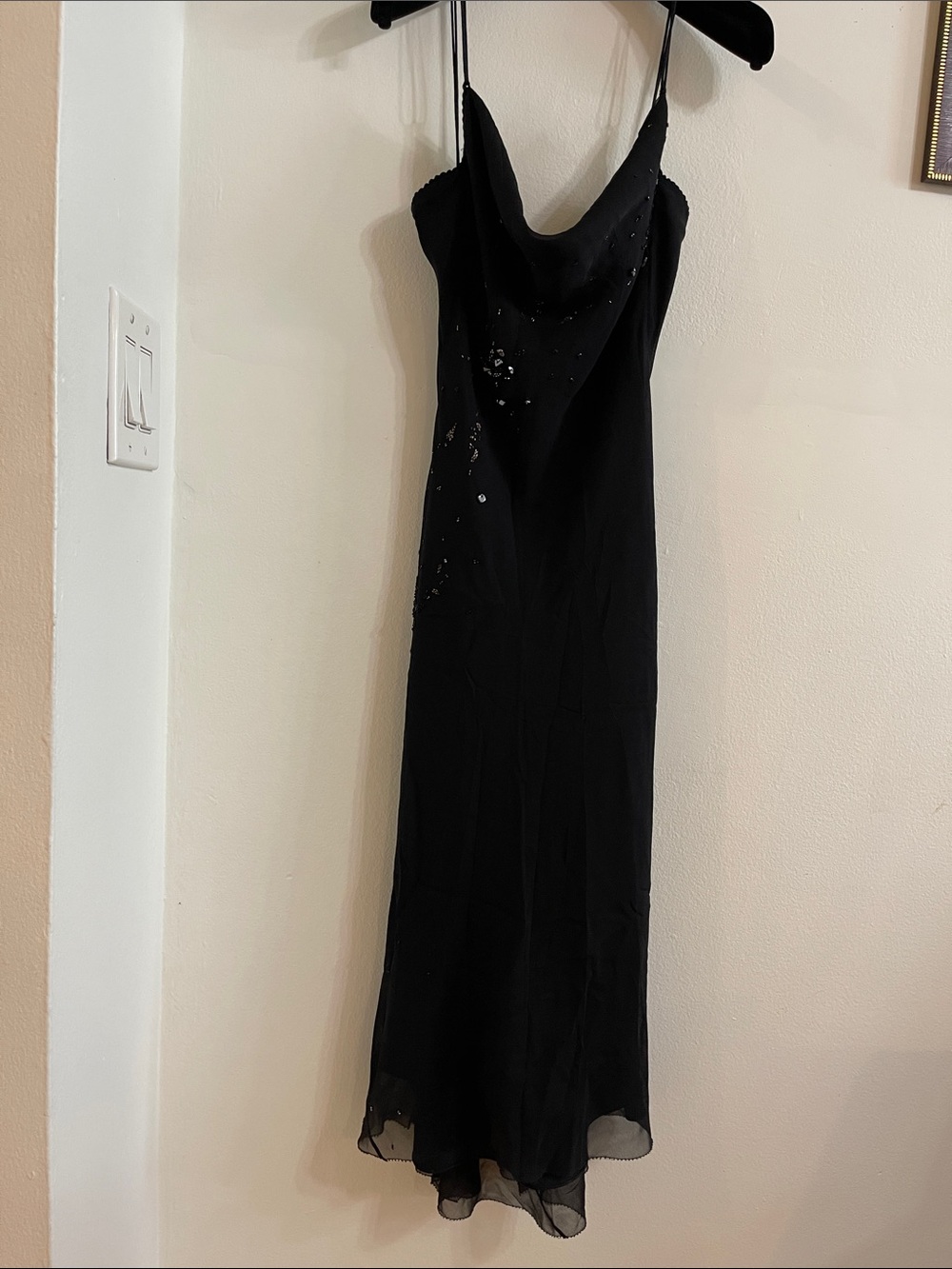 Tahari Black Cowl Neck Maxi Dress with Sequin Detail 100% Silk